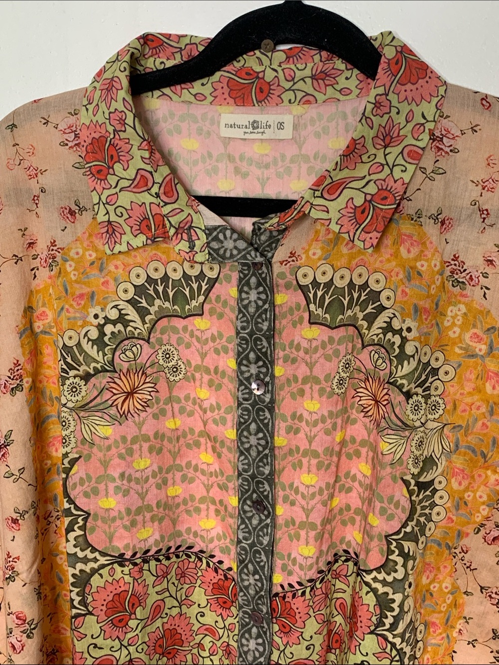 NATURAL LIFE Pink Patchwork Floral Cotton Button-Down Top one size - Picture 3 of 9